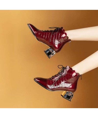 Women's Patent Leather Crystal Mid Chunky Heel Ankle Boots with Back Zipper Red $45.55 Boots