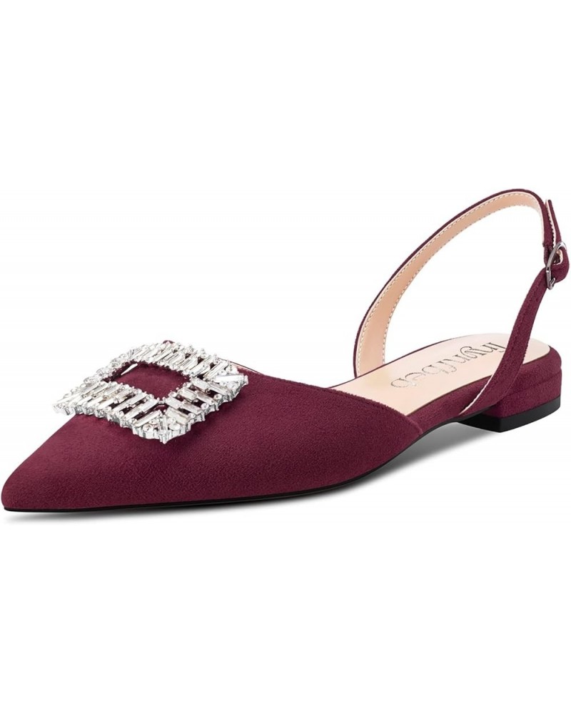 Women Chunky Block Low Heel Pointed Toe Flats Shoes Slingback Buckle Rhinestone Crystal Party Cute 0.6 Inches Heels Burgundy ...