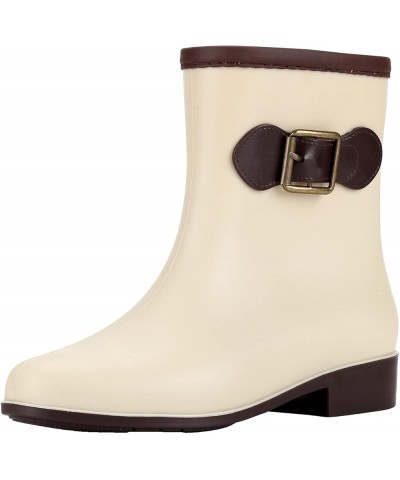 Women Low-Heeled Buckle Round Toe Shoe Waterproof Middle Tube Rain Boots Beige $21.91 Boots