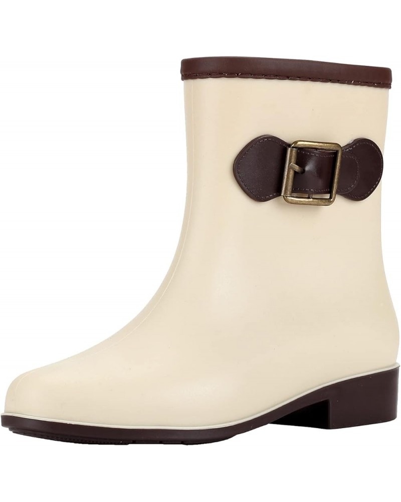 Women Low-Heeled Buckle Round Toe Shoe Waterproof Middle Tube Rain Boots Beige $21.91 Boots