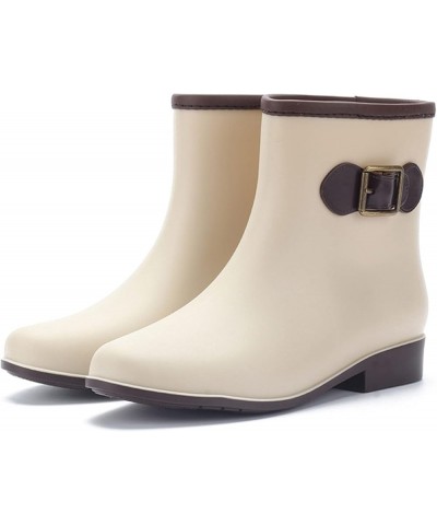 Women Low-Heeled Buckle Round Toe Shoe Waterproof Middle Tube Rain Boots Beige $21.91 Boots