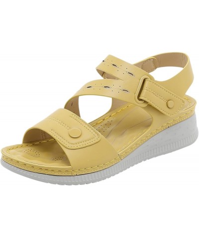 Women Summer Hook Loop Casual Open Toe Wedges Comfortable Soft Sole Beach Shoes Sandals Size 12 Womens Yellow $19.19 Athletic...