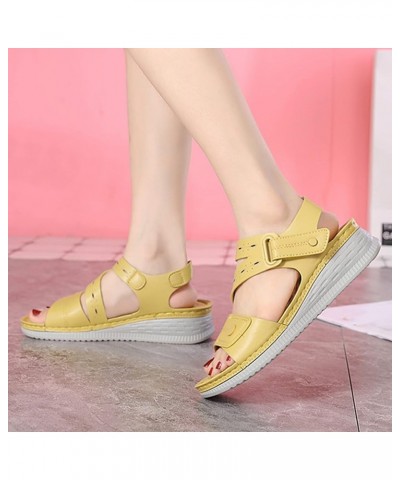 Women Summer Hook Loop Casual Open Toe Wedges Comfortable Soft Sole Beach Shoes Sandals Size 12 Womens Yellow $19.19 Athletic...