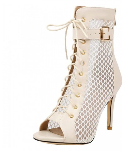 Women Summer Peep Toe Short Boots Zipper Booties with Laces up Beige-2 $24.75 Boots