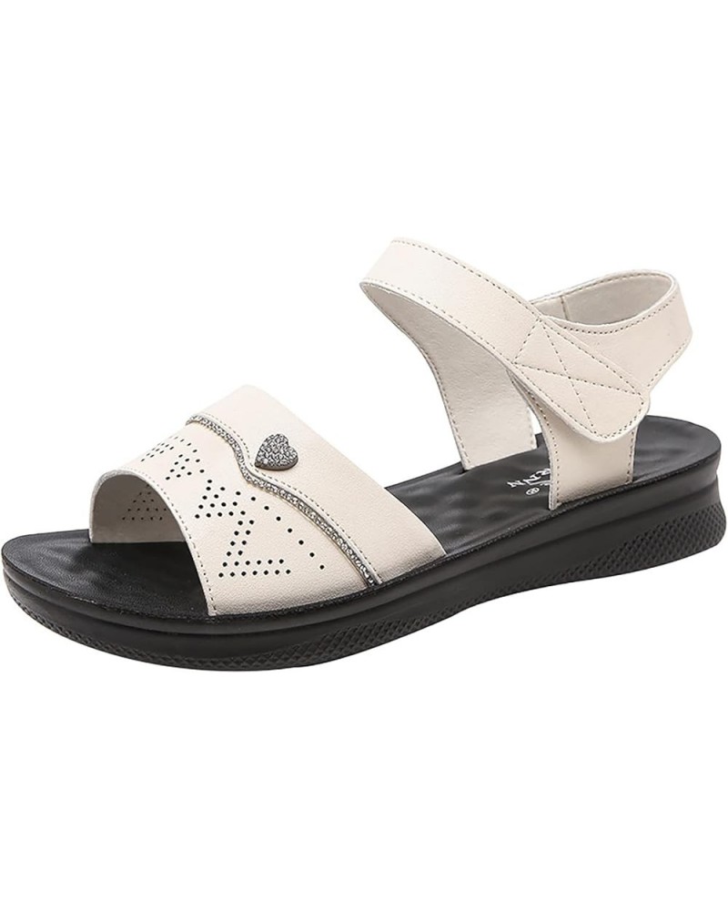 Womens Sandals 2023 New Summer Outwear Middle Aged Flat Bottom Hook Loop Elderly Soft Sole Anti Slip Slippers Beige $14.26 Sa...