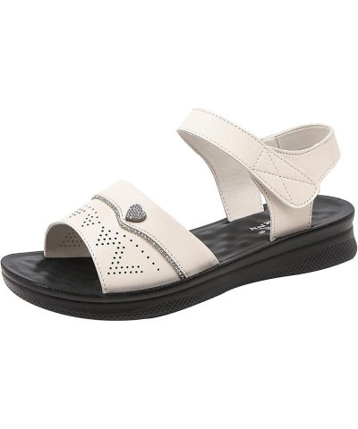 Womens Sandals 2023 New Summer Outwear Middle Aged Flat Bottom Hook Loop Elderly Soft Sole Anti Slip Slippers Beige $14.26 Sa...