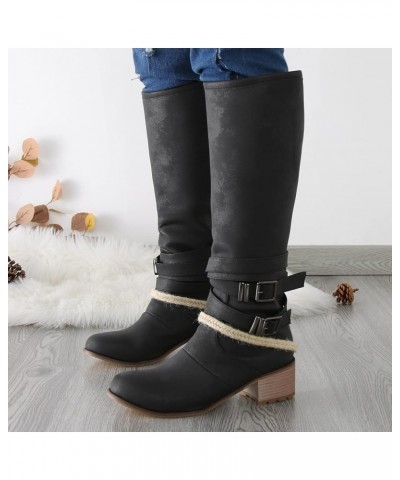 Cute Boot Socks for Women Over The Calf Leather Mid Calf Boots Womens Shoes Round Toe Belt Buckle Back Zipper Chunky Heel Wom...