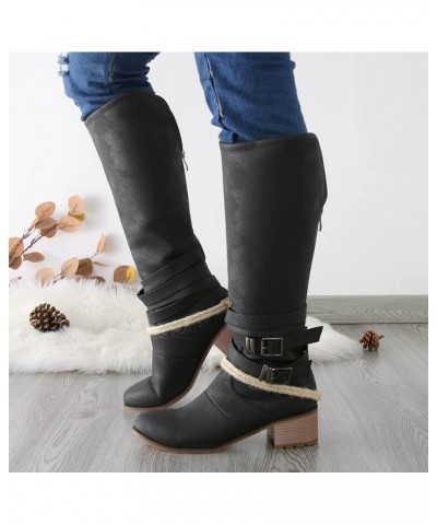 Cute Boot Socks for Women Over The Calf Leather Mid Calf Boots Womens Shoes Round Toe Belt Buckle Back Zipper Chunky Heel Wom...