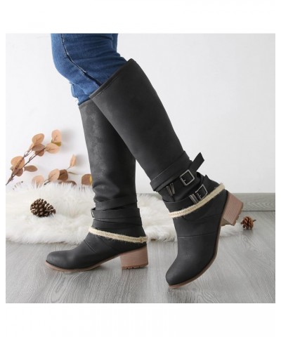 Cute Boot Socks for Women Over The Calf Leather Mid Calf Boots Womens Shoes Round Toe Belt Buckle Back Zipper Chunky Heel Wom...