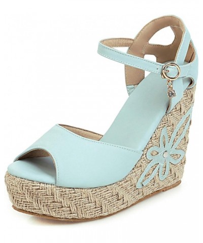 Womens Fashion Wedge Straw High Heels Ankle Strap Sandals Open Toe Flower Platform Summer Shoes Blue $25.43 Sandals