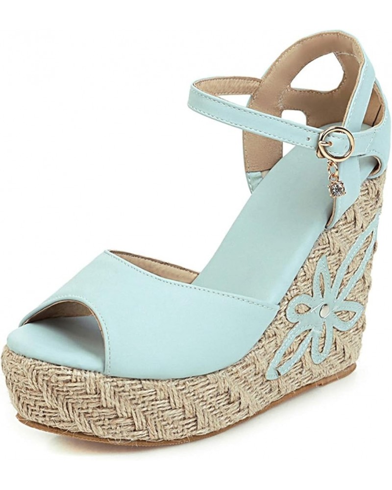 Womens Fashion Wedge Straw High Heels Ankle Strap Sandals Open Toe Flower Platform Summer Shoes Blue $25.43 Sandals