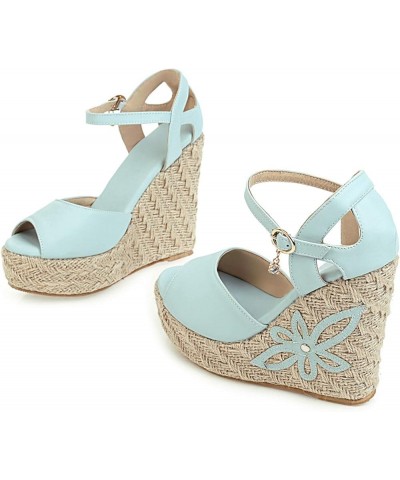 Womens Fashion Wedge Straw High Heels Ankle Strap Sandals Open Toe Flower Platform Summer Shoes Blue $25.43 Sandals