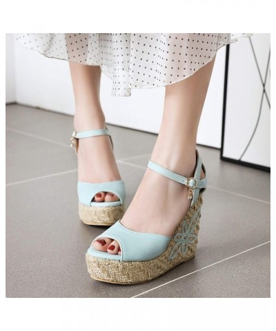 Womens Fashion Wedge Straw High Heels Ankle Strap Sandals Open Toe Flower Platform Summer Shoes Blue $25.43 Sandals