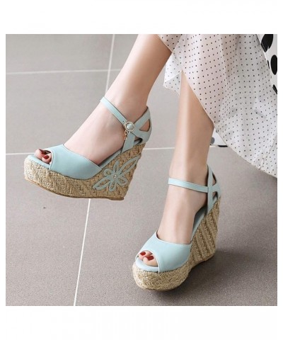 Womens Fashion Wedge Straw High Heels Ankle Strap Sandals Open Toe Flower Platform Summer Shoes Blue $25.43 Sandals