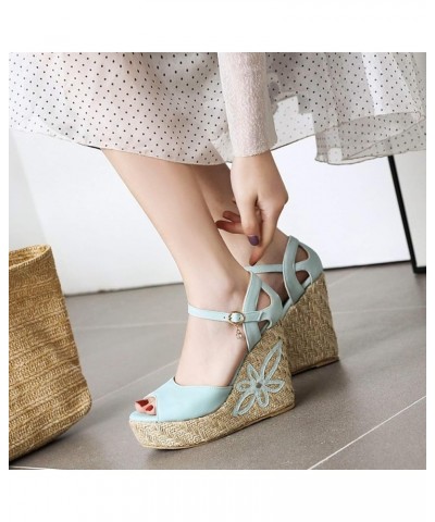 Womens Fashion Wedge Straw High Heels Ankle Strap Sandals Open Toe Flower Platform Summer Shoes Blue $25.43 Sandals