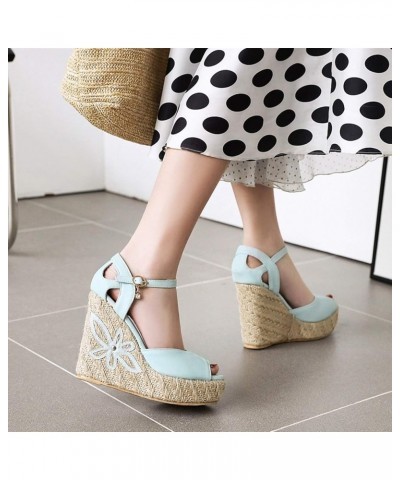 Womens Fashion Wedge Straw High Heels Ankle Strap Sandals Open Toe Flower Platform Summer Shoes Blue $25.43 Sandals