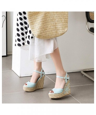 Womens Fashion Wedge Straw High Heels Ankle Strap Sandals Open Toe Flower Platform Summer Shoes Blue $25.43 Sandals