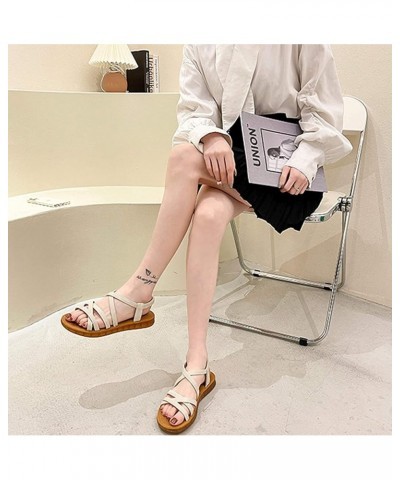 LONG-M Women Sandals, Women Bandage Sandals Cross Straps Flat Ankle Elastic Band Casual Shoes Beach Shoes Sandals Beige 39 $2...