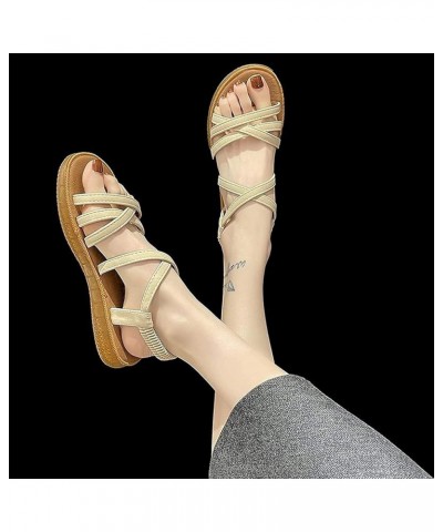 LONG-M Women Sandals, Women Bandage Sandals Cross Straps Flat Ankle Elastic Band Casual Shoes Beach Shoes Sandals Beige 39 $2...