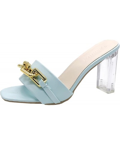 Slip On Slide Mule Shoes, Womens Leather Metal Chain Decorative High Heel Sandals And Slippers Blue $15.01 Athletic Shoes