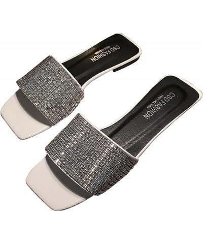 Womens Rhinestones Flat Sandals Square Open Toe Slip on Slides Sandal Comfy Boho Summer Beach Dressy Shoes White $11.08 Sandals