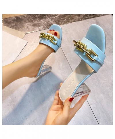 Slip On Slide Mule Shoes, Womens Leather Metal Chain Decorative High Heel Sandals And Slippers Blue $15.01 Athletic Shoes