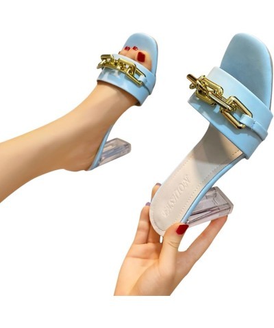 Slip On Slide Mule Shoes, Womens Leather Metal Chain Decorative High Heel Sandals And Slippers Blue $15.01 Athletic Shoes