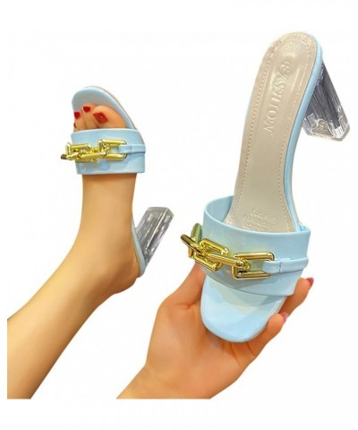 Slip On Slide Mule Shoes, Womens Leather Metal Chain Decorative High Heel Sandals And Slippers Blue $15.01 Athletic Shoes