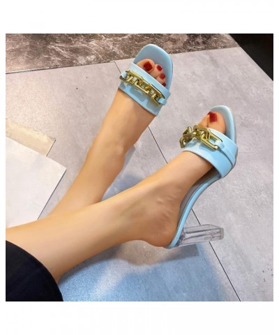 Slip On Slide Mule Shoes, Womens Leather Metal Chain Decorative High Heel Sandals And Slippers Blue $15.01 Athletic Shoes