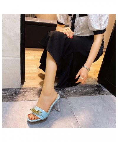 Slip On Slide Mule Shoes, Womens Leather Metal Chain Decorative High Heel Sandals And Slippers Blue $15.01 Athletic Shoes