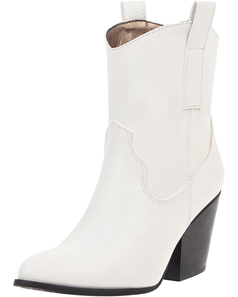 Women Pointed Toe Slip On Warm Short Cowboy Boots White $24.83 Boots