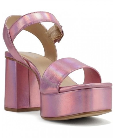 MACEY" ~ Women Open Square Toe Single Band High Heel Platform Dress Sandal with Adjustable Ankle Strap Pink Metallic Pu $25.3...