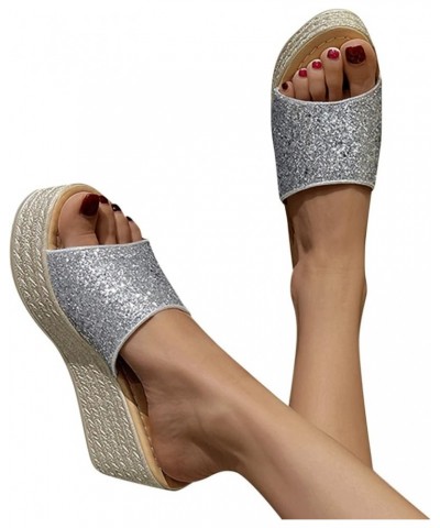 Women's Wedge Platform Sandals Dressy Sequined Peep Toe Slide Sandals Dressy Solid Color Slip-on Slippers Summer Casual Comfo...