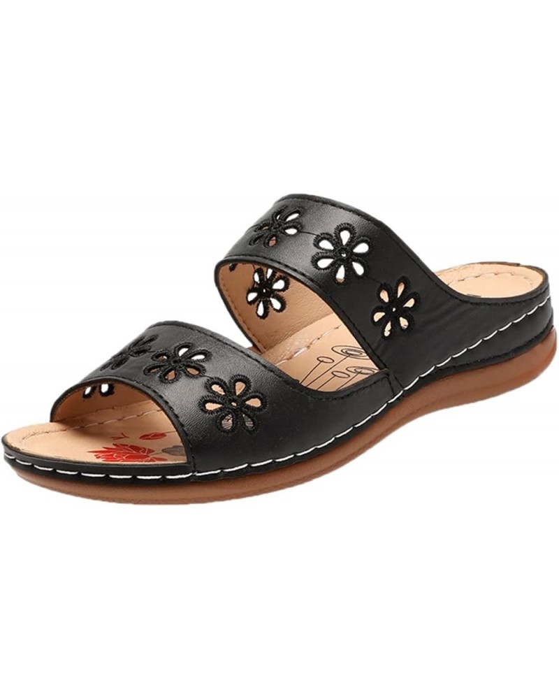 Flat Ladies Summer Spring Style Sandals Roman Fashion And Slippers Flower Women's sandals Ultra Slippers for Black $12.77 Sli...