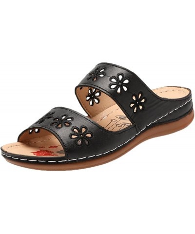 Flat Ladies Summer Spring Style Sandals Roman Fashion And Slippers Flower Women's sandals Ultra Slippers for Black $12.77 Sli...