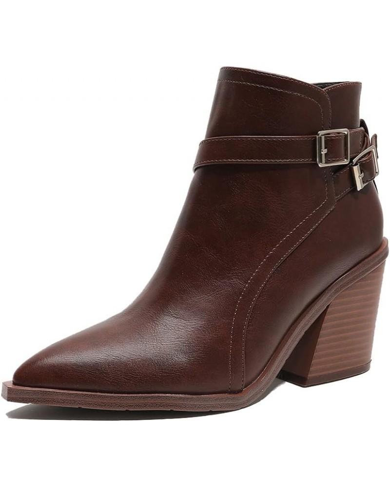 Casual Women's Western Ankle Boots Chunky Heels Zipper Booties 16 Dark Brown $24.43 Boots