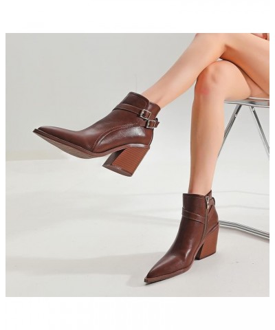 Casual Women's Western Ankle Boots Chunky Heels Zipper Booties 16 Dark Brown $24.43 Boots