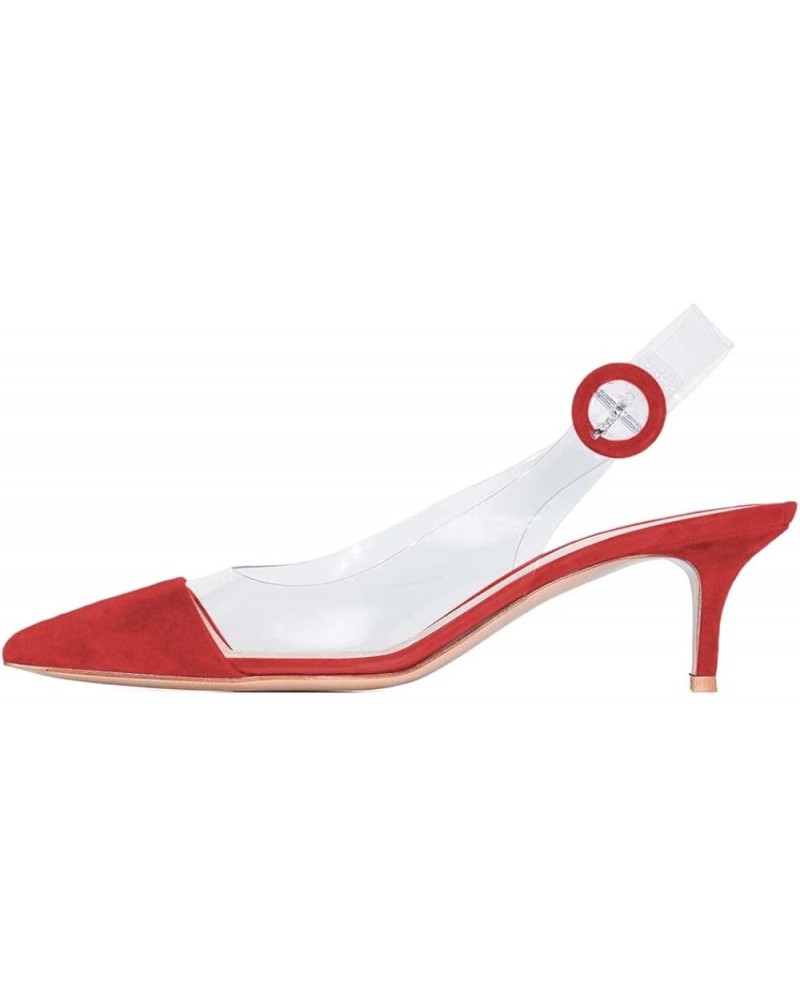 Women Transparent Slingback Mid Kitten Heels Pumps Pointed Toe PVC Dress Sandals Clear Shoes with Buckle Red-suede $25.28 San...