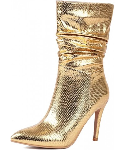 Women's Metallic Mid Calf Slouch Boots Pointed Toe Stilettos Boots Pull On High Heeled Ankle Boots Gold $27.49 Boots