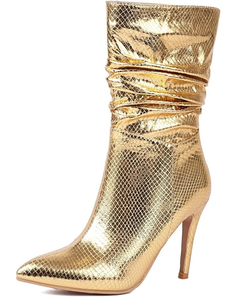 Women's Metallic Mid Calf Slouch Boots Pointed Toe Stilettos Boots Pull On High Heeled Ankle Boots Gold $27.49 Boots