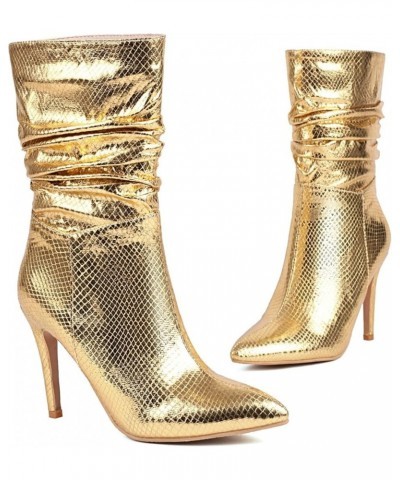 Women's Metallic Mid Calf Slouch Boots Pointed Toe Stilettos Boots Pull On High Heeled Ankle Boots Gold $27.49 Boots