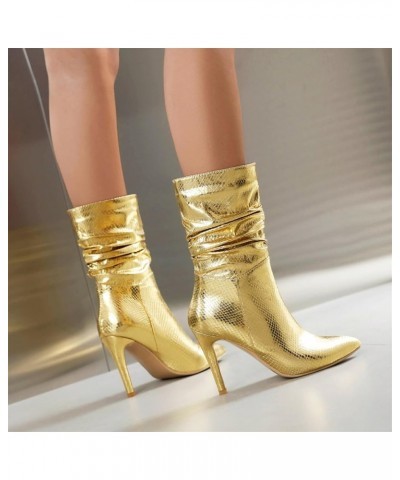 Women's Metallic Mid Calf Slouch Boots Pointed Toe Stilettos Boots Pull On High Heeled Ankle Boots Gold $27.49 Boots