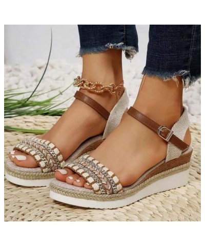 Ladies Weave Open Toe Buckle Strap Summer Slope Heel Thick Soled Wedges Comfort Sandals for Women with Arch Support Beige $20...