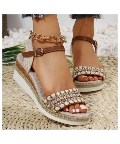 Ladies Weave Open Toe Buckle Strap Summer Slope Heel Thick Soled Wedges Comfort Sandals for Women with Arch Support Beige $20...