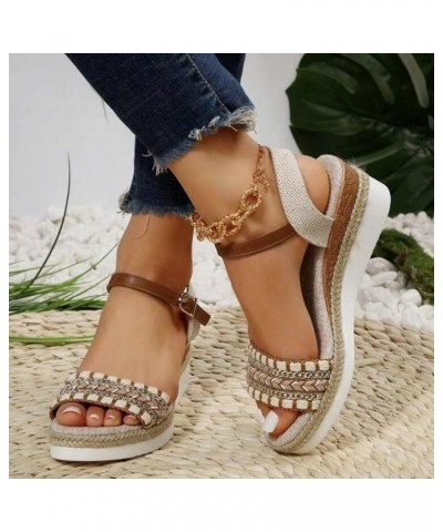 Ladies Weave Open Toe Buckle Strap Summer Slope Heel Thick Soled Wedges Comfort Sandals for Women with Arch Support Beige $20...