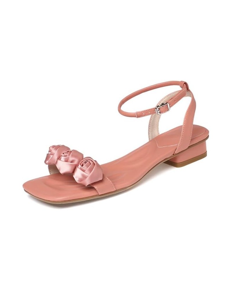 Women's Summer Flat Sandals Sweet Elegant Silk Rose Dress Shoes Square Toe Adjustable Ankle Strap Low Heel Sandals Pink $30.7...