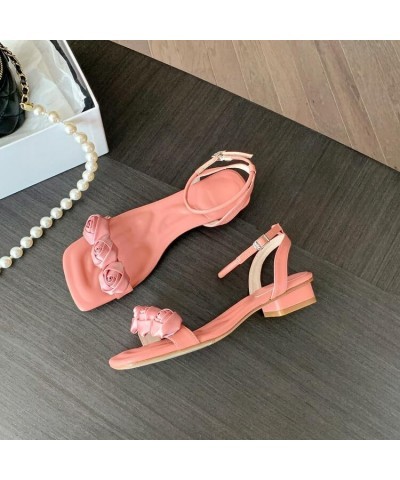 Women's Summer Flat Sandals Sweet Elegant Silk Rose Dress Shoes Square Toe Adjustable Ankle Strap Low Heel Sandals Pink $30.7...