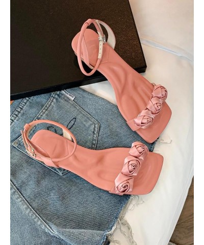 Women's Summer Flat Sandals Sweet Elegant Silk Rose Dress Shoes Square Toe Adjustable Ankle Strap Low Heel Sandals Pink $30.7...