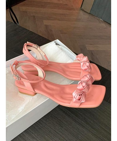 Women's Summer Flat Sandals Sweet Elegant Silk Rose Dress Shoes Square Toe Adjustable Ankle Strap Low Heel Sandals Pink $30.7...