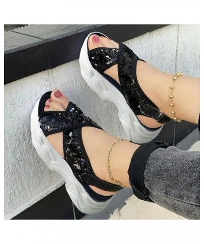 Womens Summer Sandals Women's Comfortable Air Cushion Support Walking Sandals Breathable Knit Platform Shoes A1-black $15.92 ...